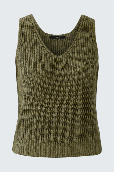 Casual women's top: Olive green sleeveless knit top with a V-neck design.