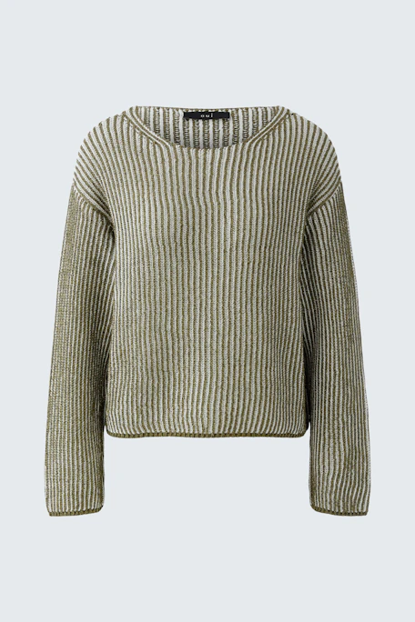 Bequemer Damen-Pullover in grün-beigen Streifen, lässig geschnitten mit weitem Rundhalsausschnitt.