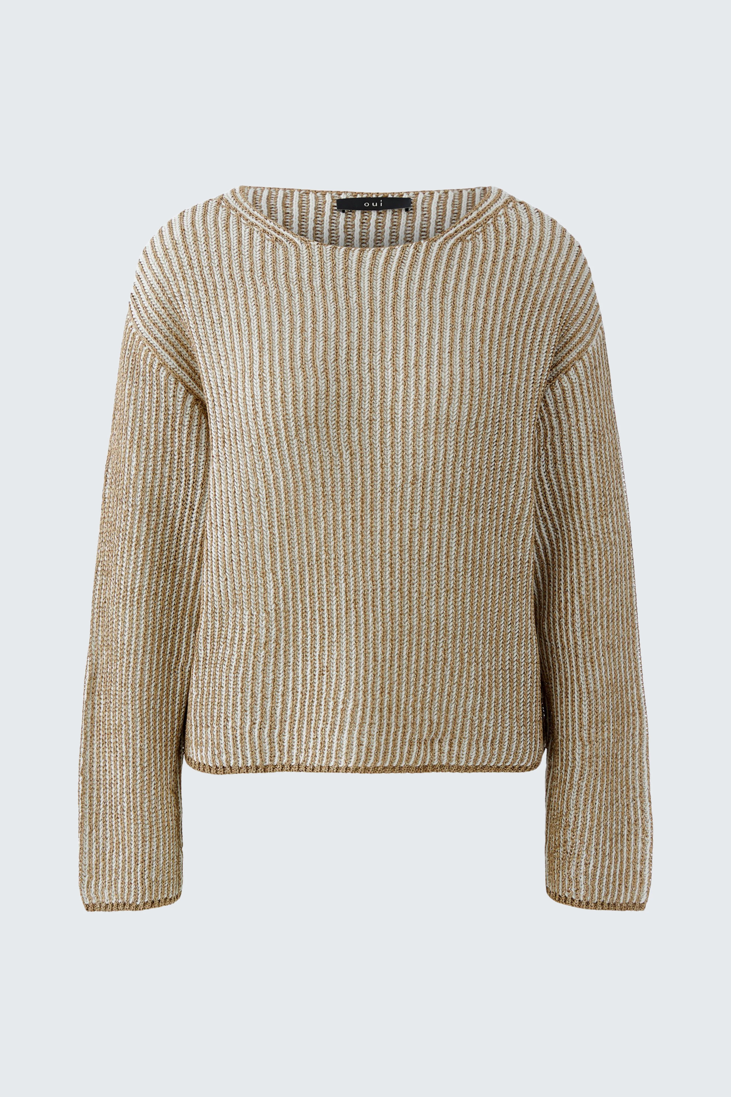 Bequemer Damen-Pullover in beigem Streifenmuster mit weitem Schnitt und Rundhalsausschnitt.