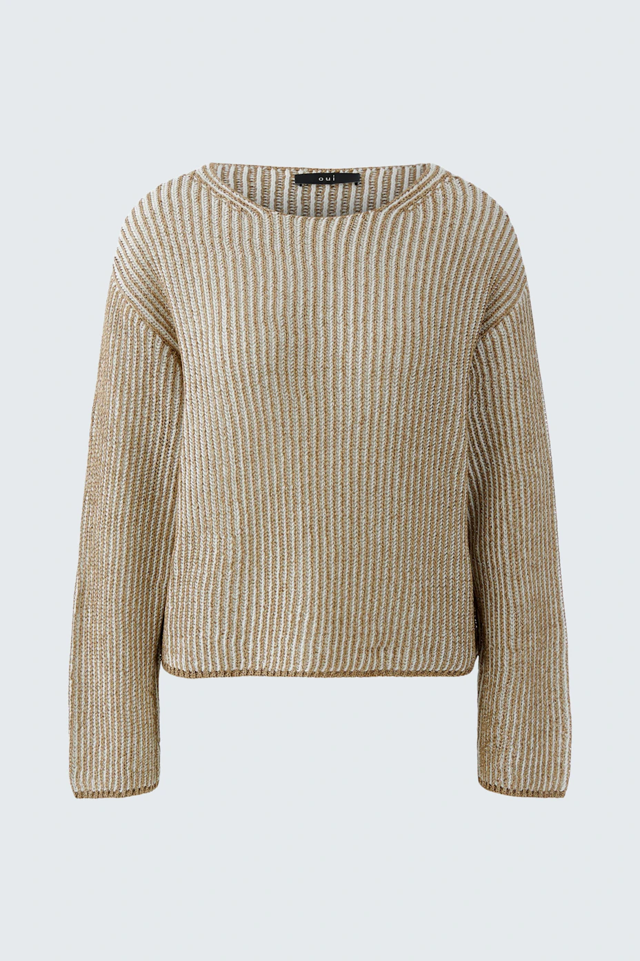 Casual women's pullover: Light beige striped pullover with a relaxed fit and wide neckline.