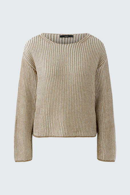 Bequemer Damen-Pullover in beigem Streifenmuster mit weitem Schnitt und Rundhalsausschnitt.
