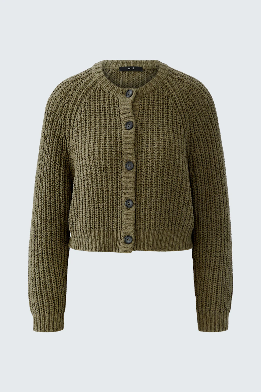 Casual women's cardigan: Olive green knitted cardigan with buttons and a relaxed fit.