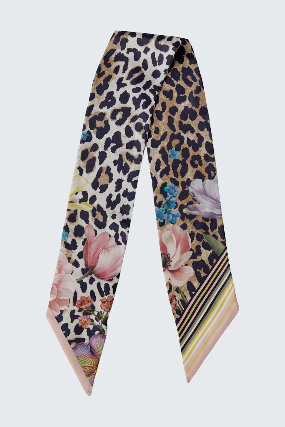 Stylish women's scarf featuring a leopard print and floral design, perfect for adding flair.