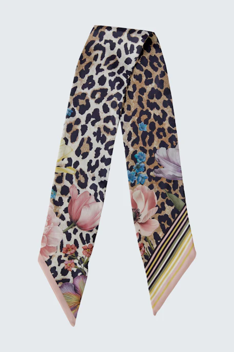 Stylish women's scarf featuring a leopard print and floral design, perfect for adding flair.