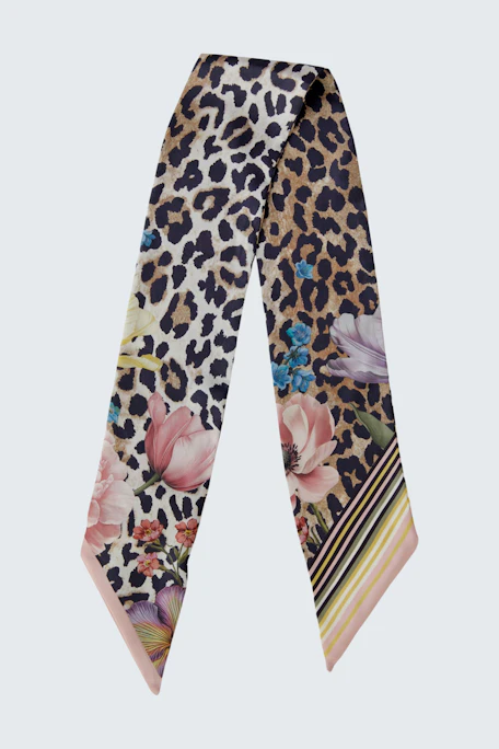 Stylish women's scarf featuring a leopard print and floral design, perfect for adding flair.