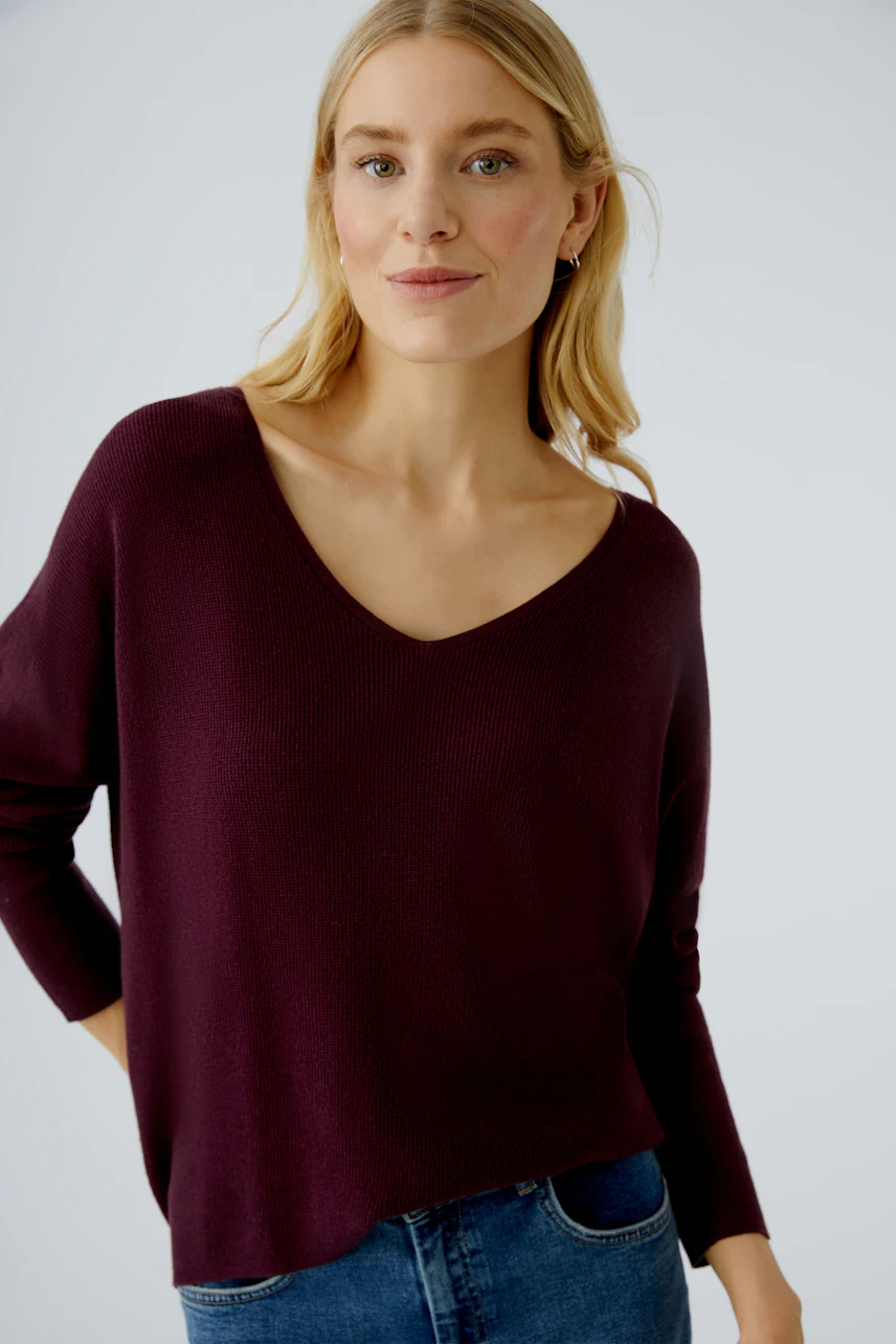 Casual women's pullover: Young woman in a deep purple V-neck pullover, smiling confidently.