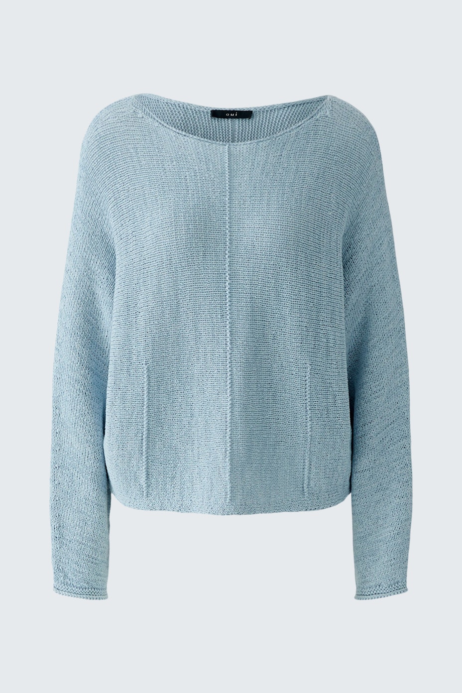 Casual women's pullover in light blue with a relaxed fit and wide neckline.