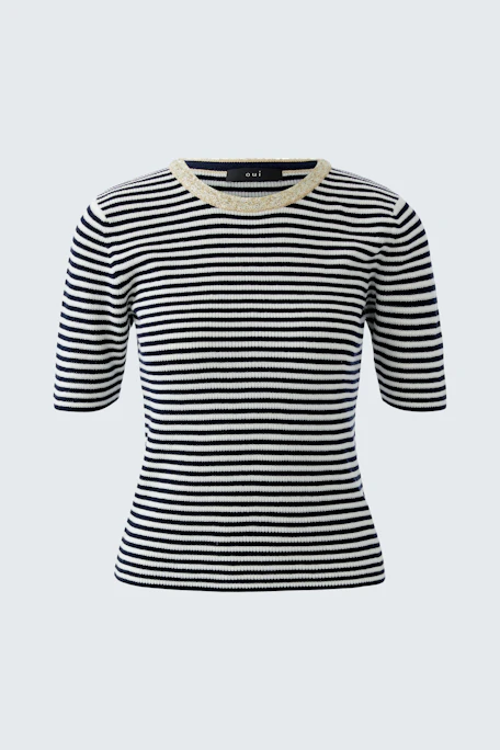 Gestreifter Damen-Pullover: Kurze Ärmel, Rundhalsausschnitt, lässiger Look in Schwarz und Weiß.