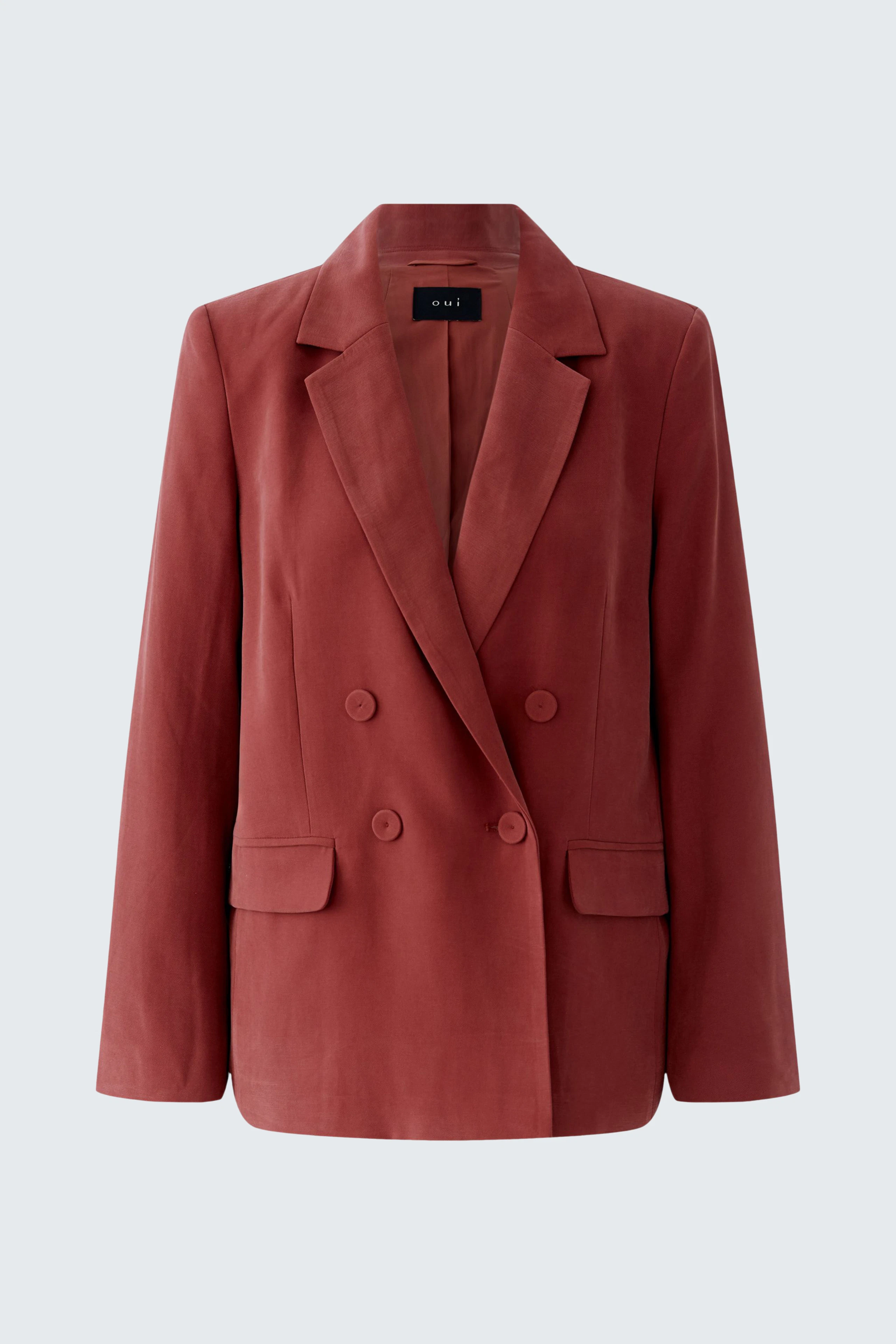 Roter Damen-Blazer mit doppelter Knopfleiste und klassischem Revers, ideal für den Alltag.