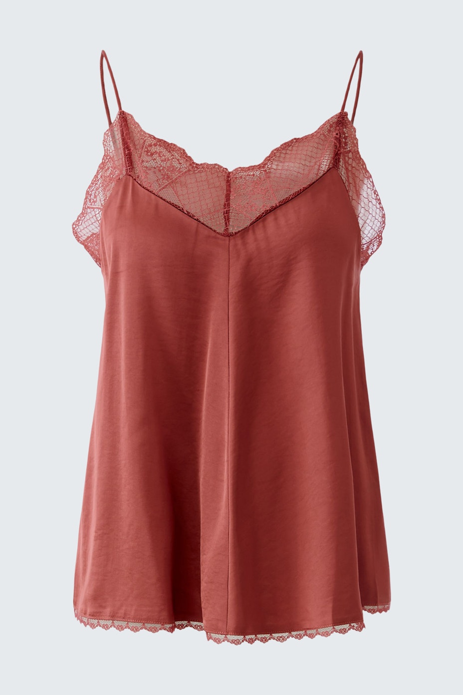 Lässiges Damen-Top: Rote Spaghetti-Top mit feinen Trägern und zarter Spitze.