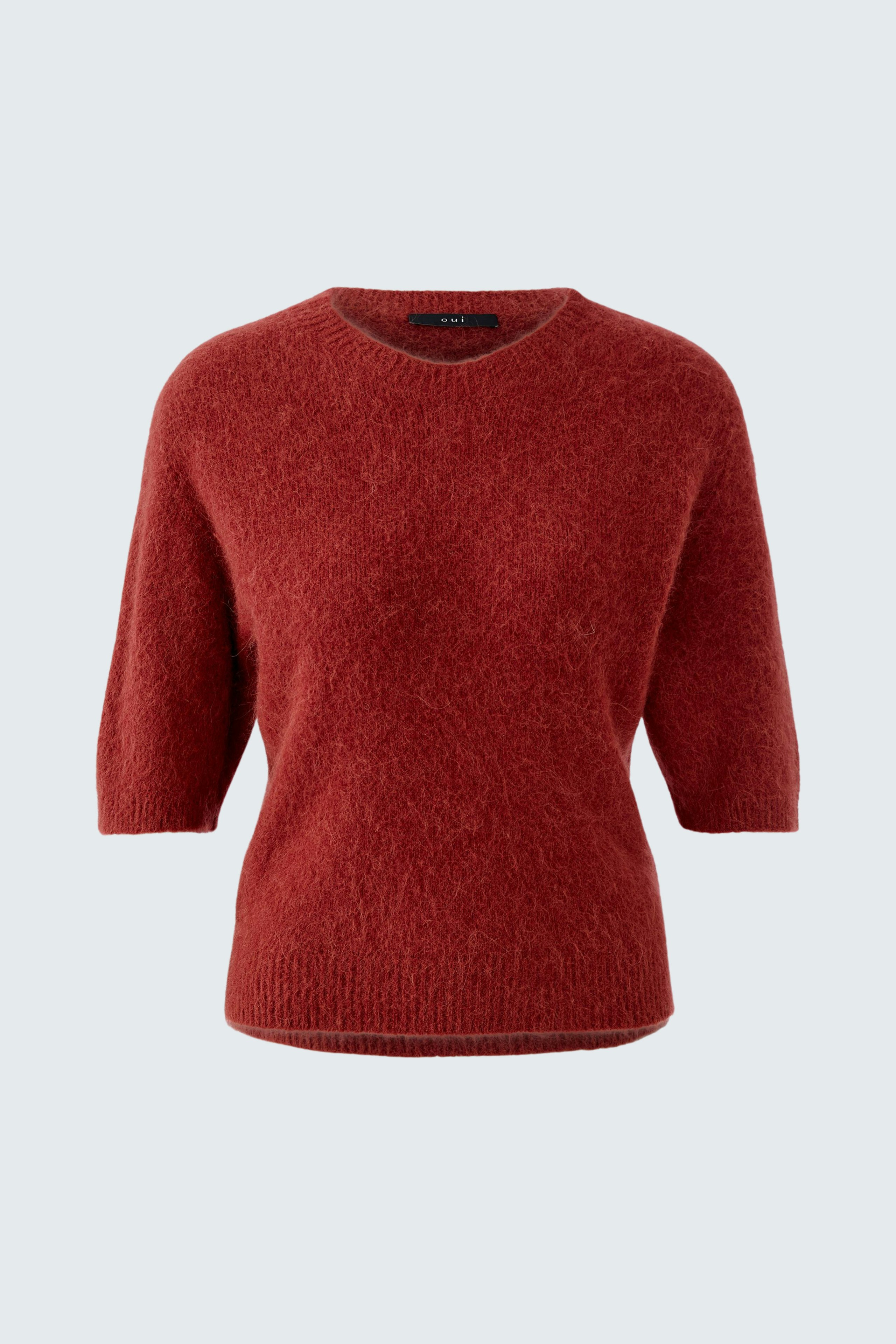 Roter Damen-Pullover mit kurzen Ärmeln und V-Ausschnitt, lässig und bequem.
