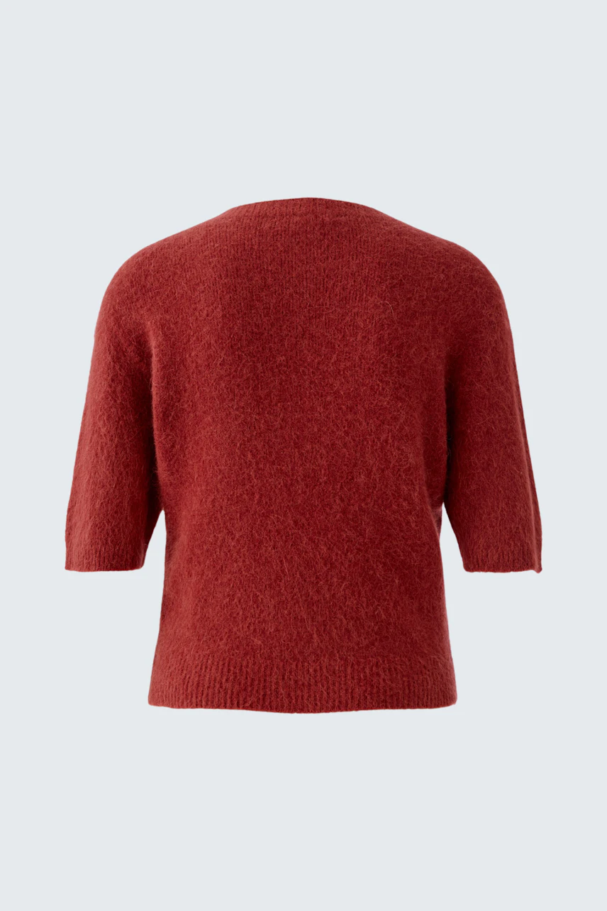 Roter Damen-Pullover mit kurzen Ärmeln, lässiger Schnitt und weichem Material.