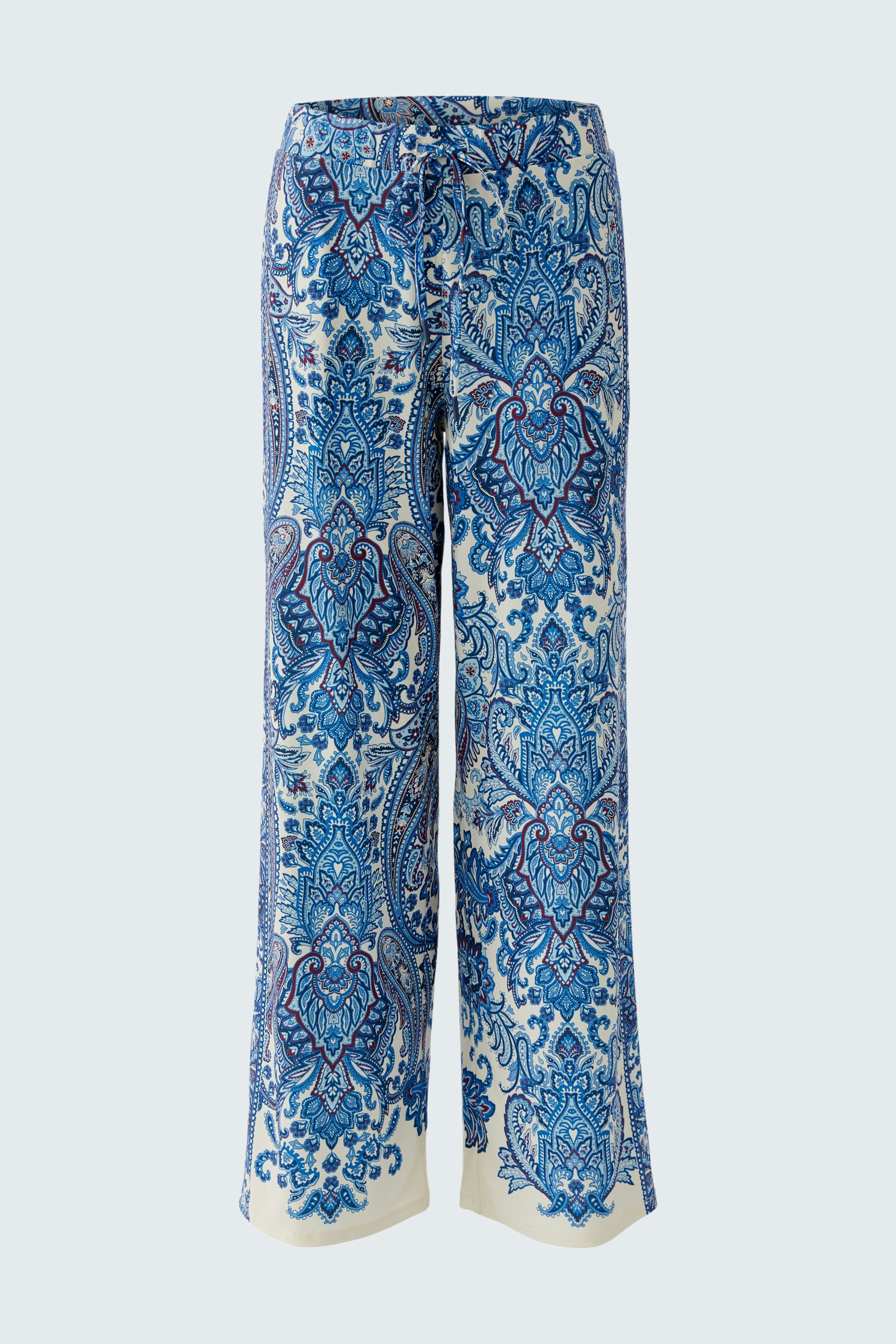 Bequeme Damen-Jogger: Weite, gemusterte Hose in Blau und Weiß, ideal für lässige Outfits.