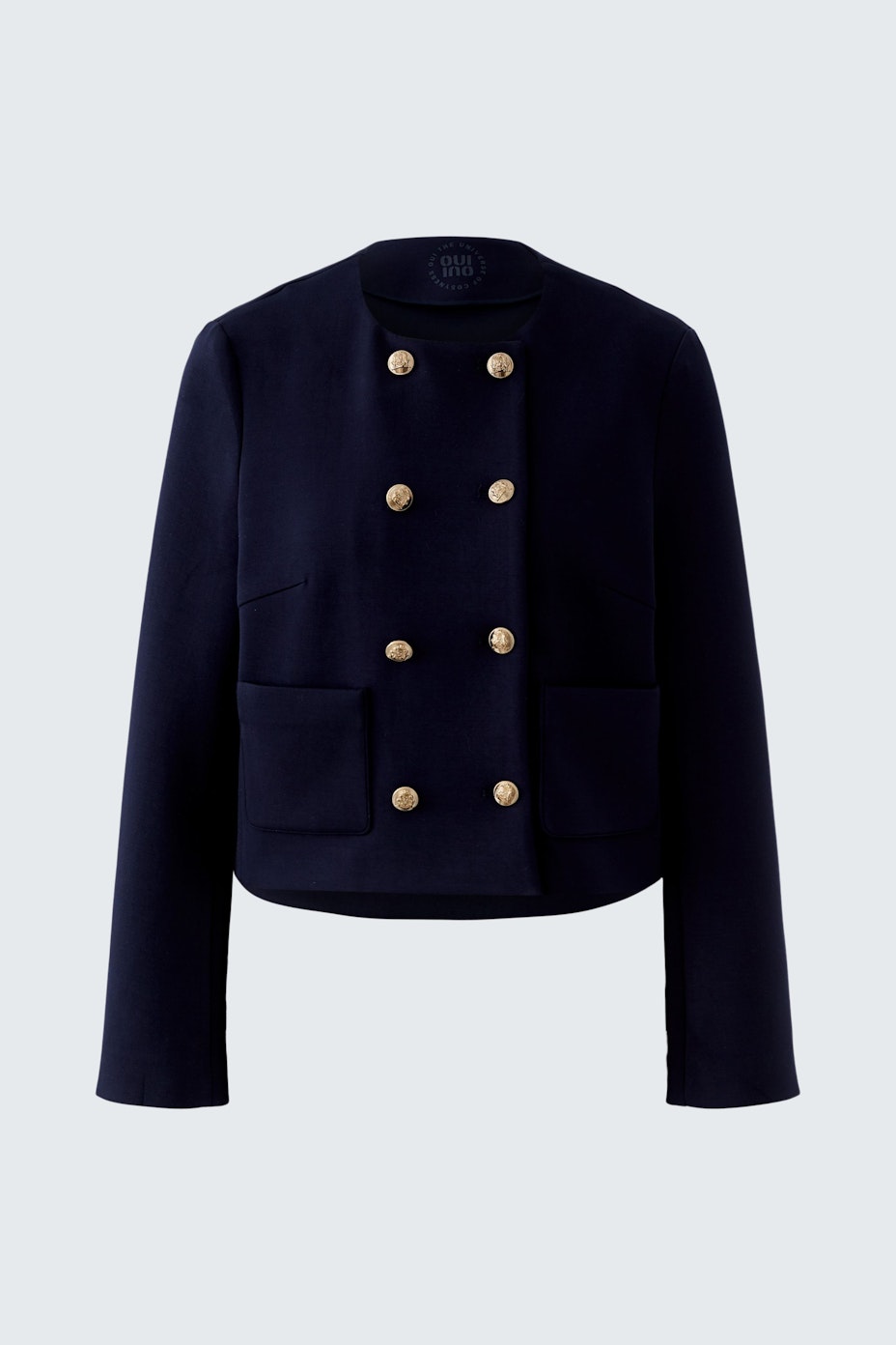 Damen-Jacke in Dunkelblau mit goldenen Knöpfen und zwei Taschen, ideal für lässige Outfits.