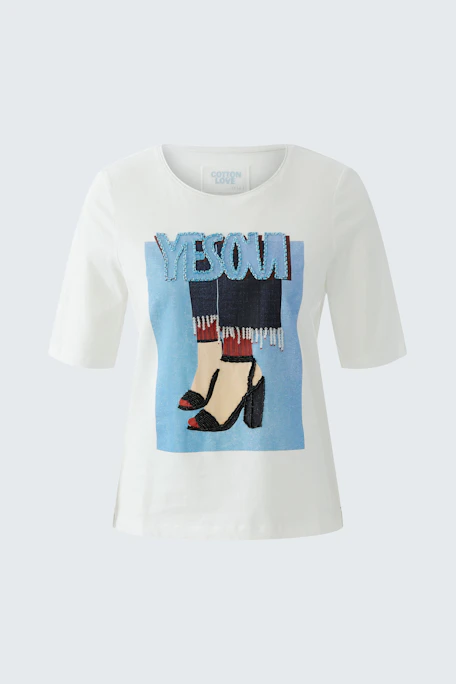 Damen-T-Shirt: Weißes Shirt mit buntem Druck und kurzen Ärmeln, lässig und modern.