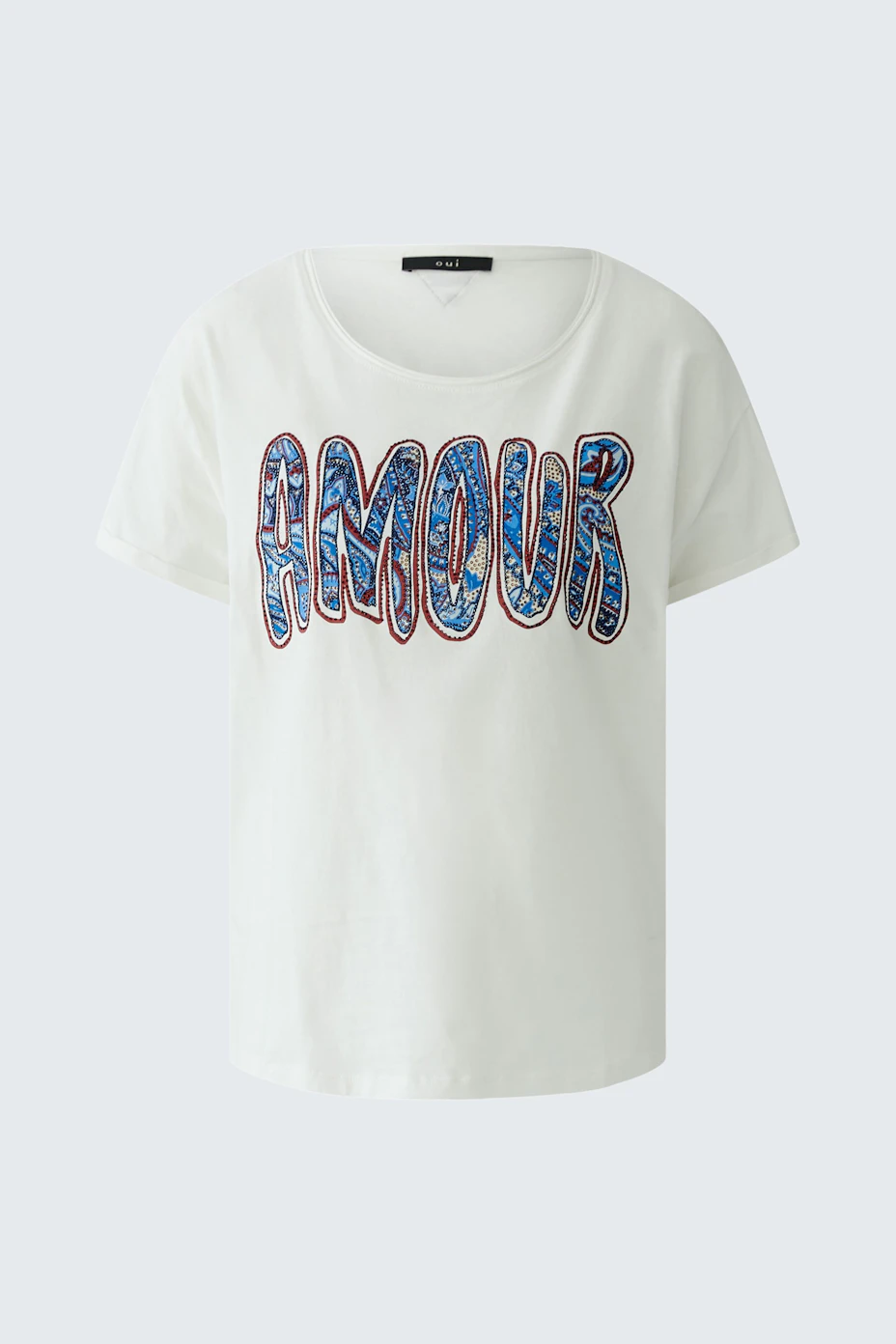 Bequemes Damen-T-Shirt in Weiß mit buntem 'AMOUR'-Print, ideal für lässige Outfits.