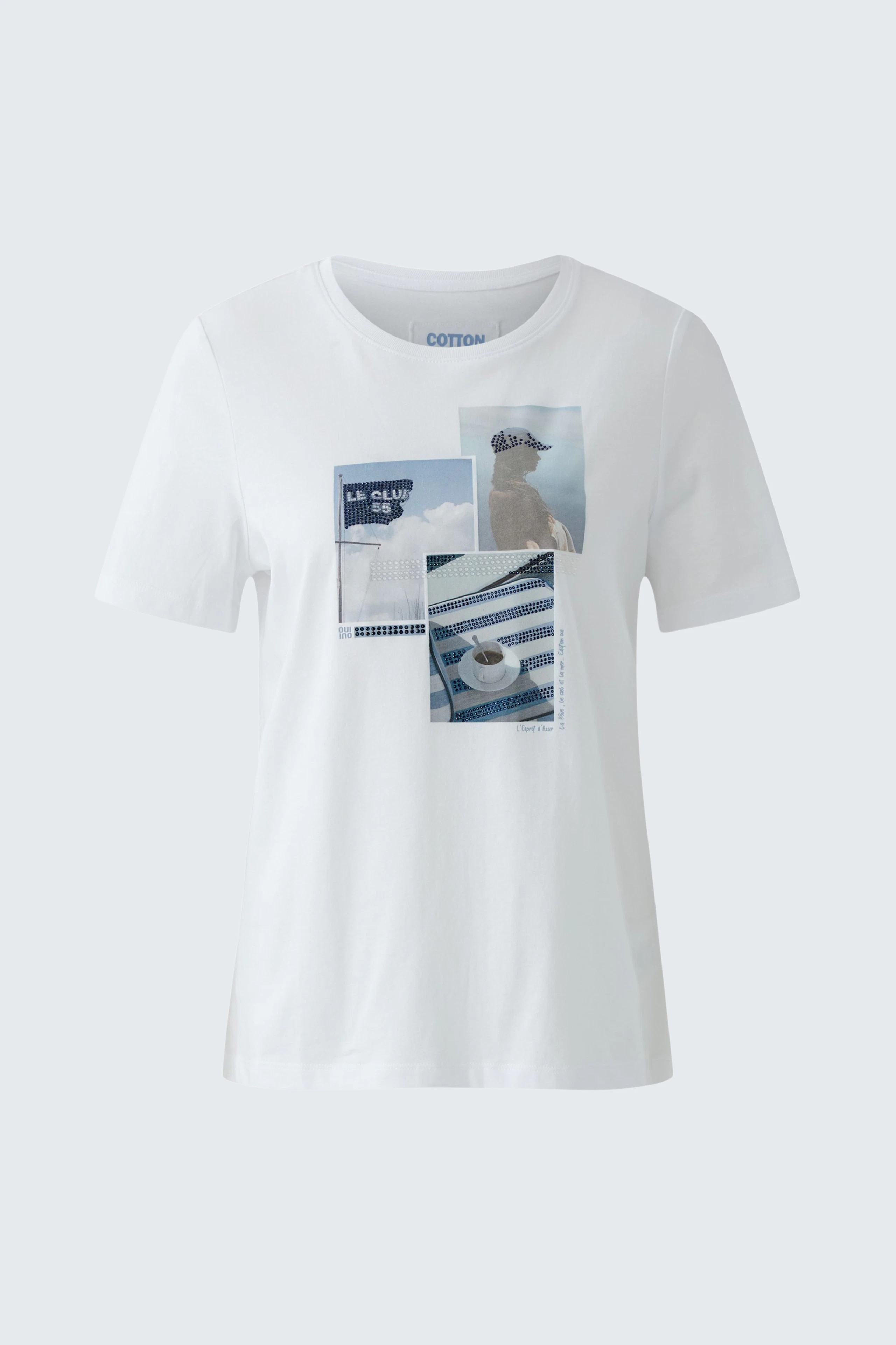 Damen-T-Shirt: Weiße Kurzarmbluse mit buntem Print und lässigem Schnitt.