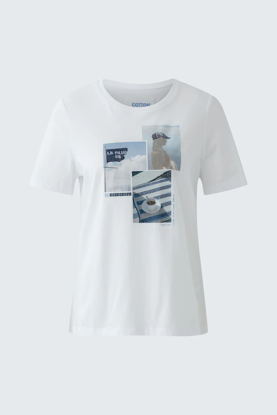 Damen-T-Shirt: Weiße Kurzarmbluse mit buntem Print und lässigem Schnitt.