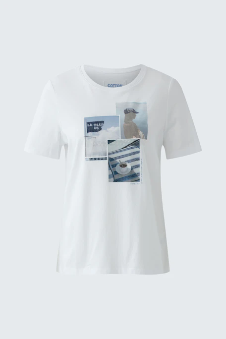 Damen-T-Shirt: Weiße Kurzarmbluse mit buntem Print und lässigem Schnitt.