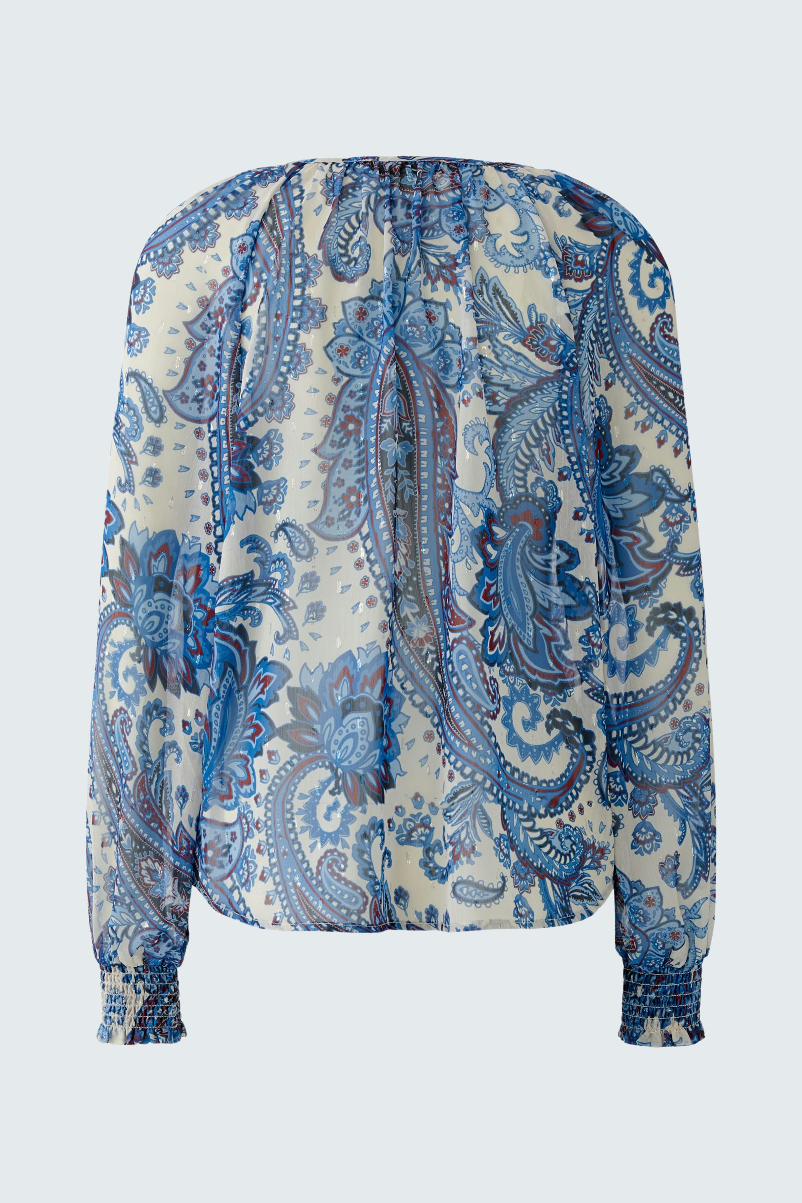 Lightweight women's blouse in blue paisley print with long sleeves and gathered neckline.
