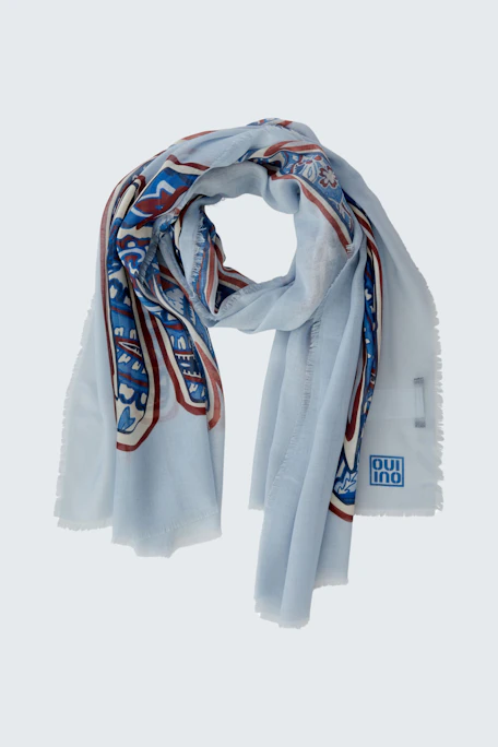 Light blue scarf with a colorful pattern, perfect for adding style to any outfit.