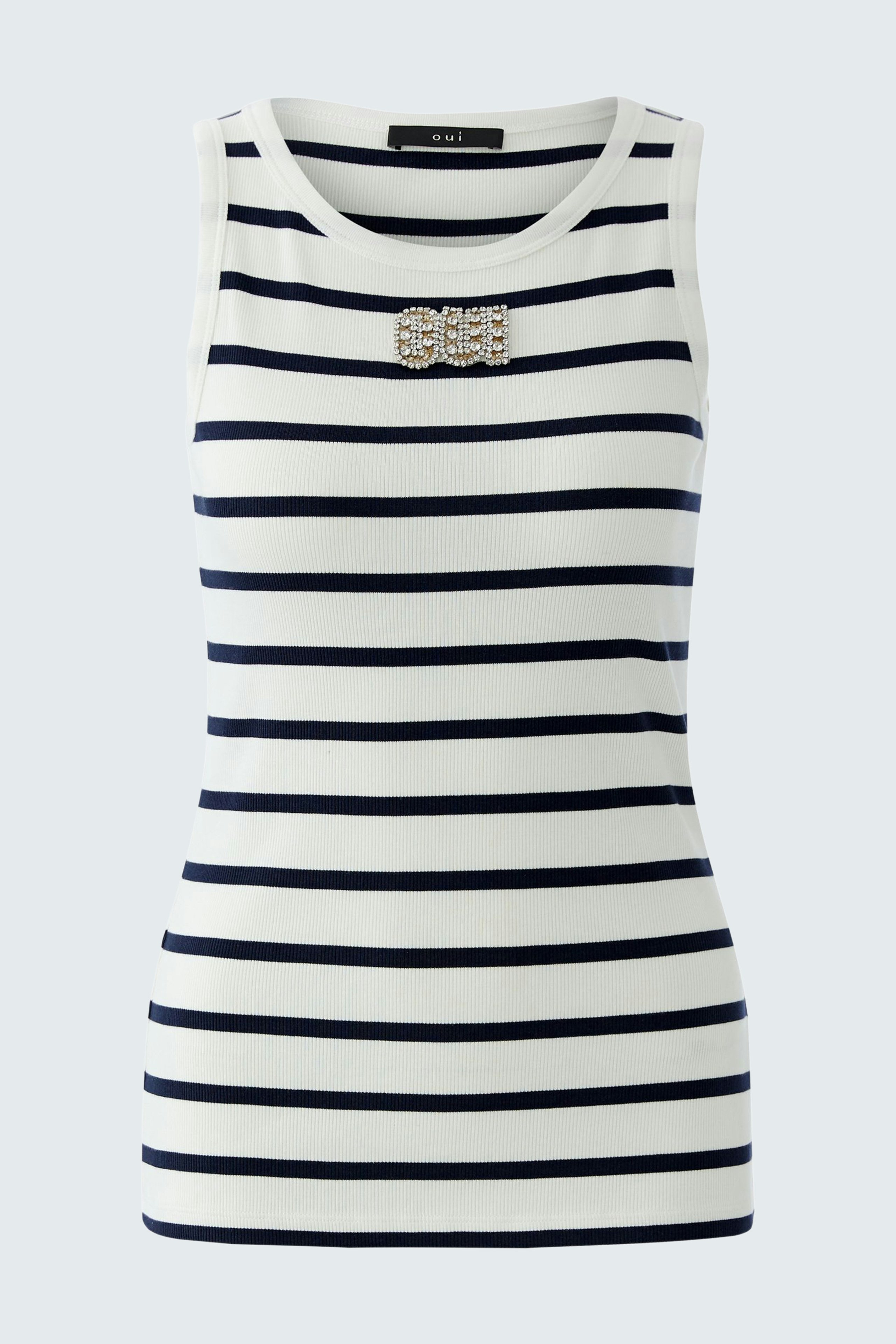 Casual women's tank top: White and navy striped design with a stylish brooch detail.