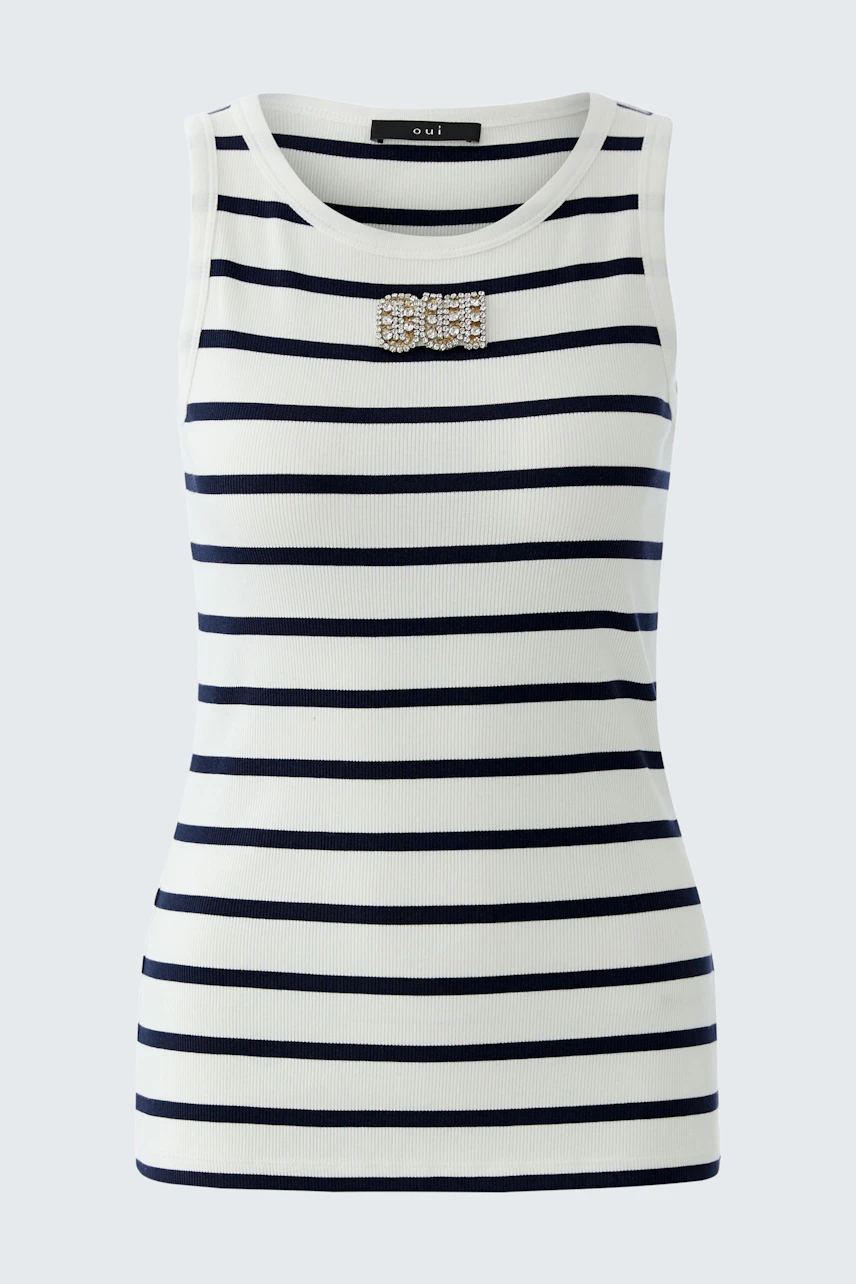 Casual women's tank top: White and navy striped design with a stylish brooch detail.