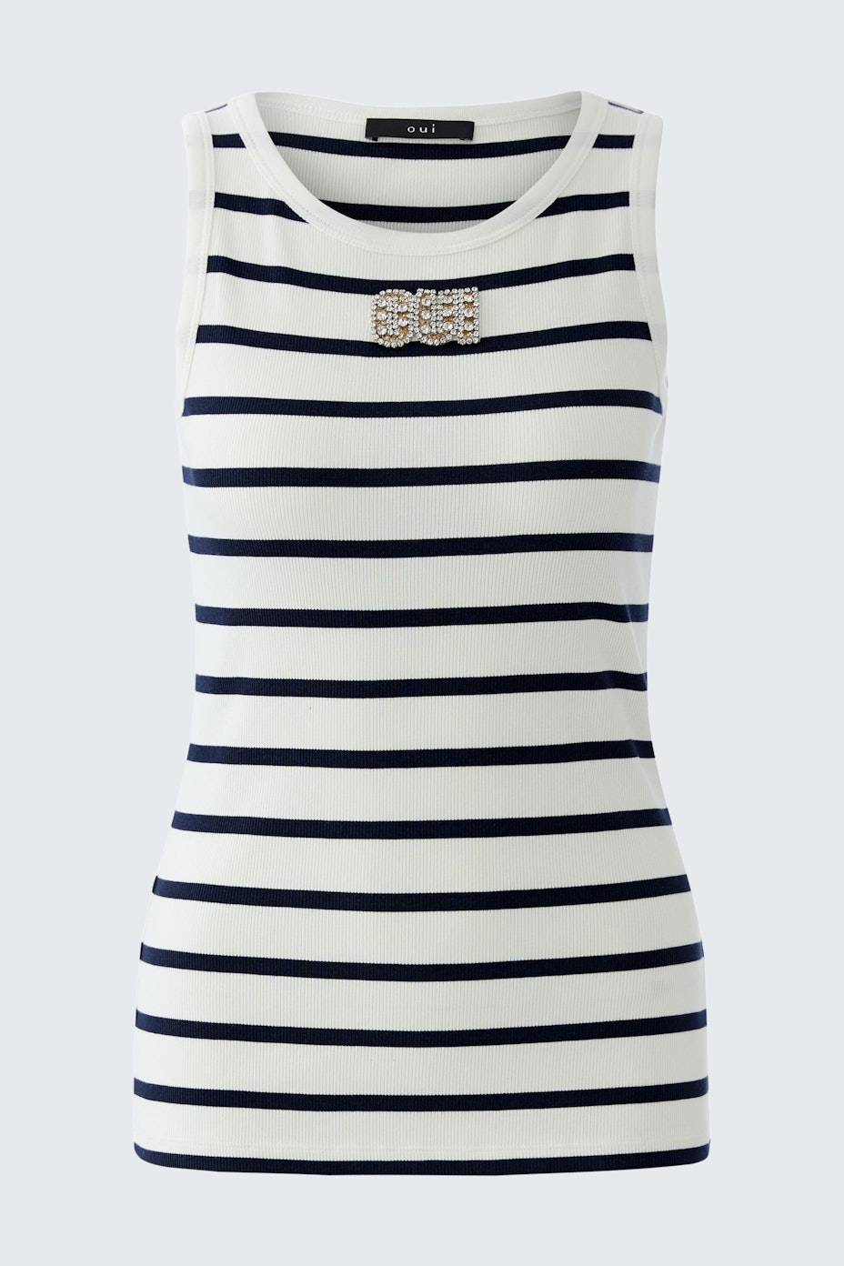 Casual women's tank top: White and navy striped design with a stylish brooch detail.