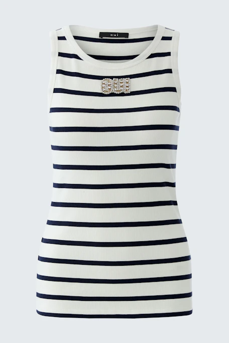 Gestreiftes Damen-Tank Top in Weiß und Marineblau mit dekorativem Detail.