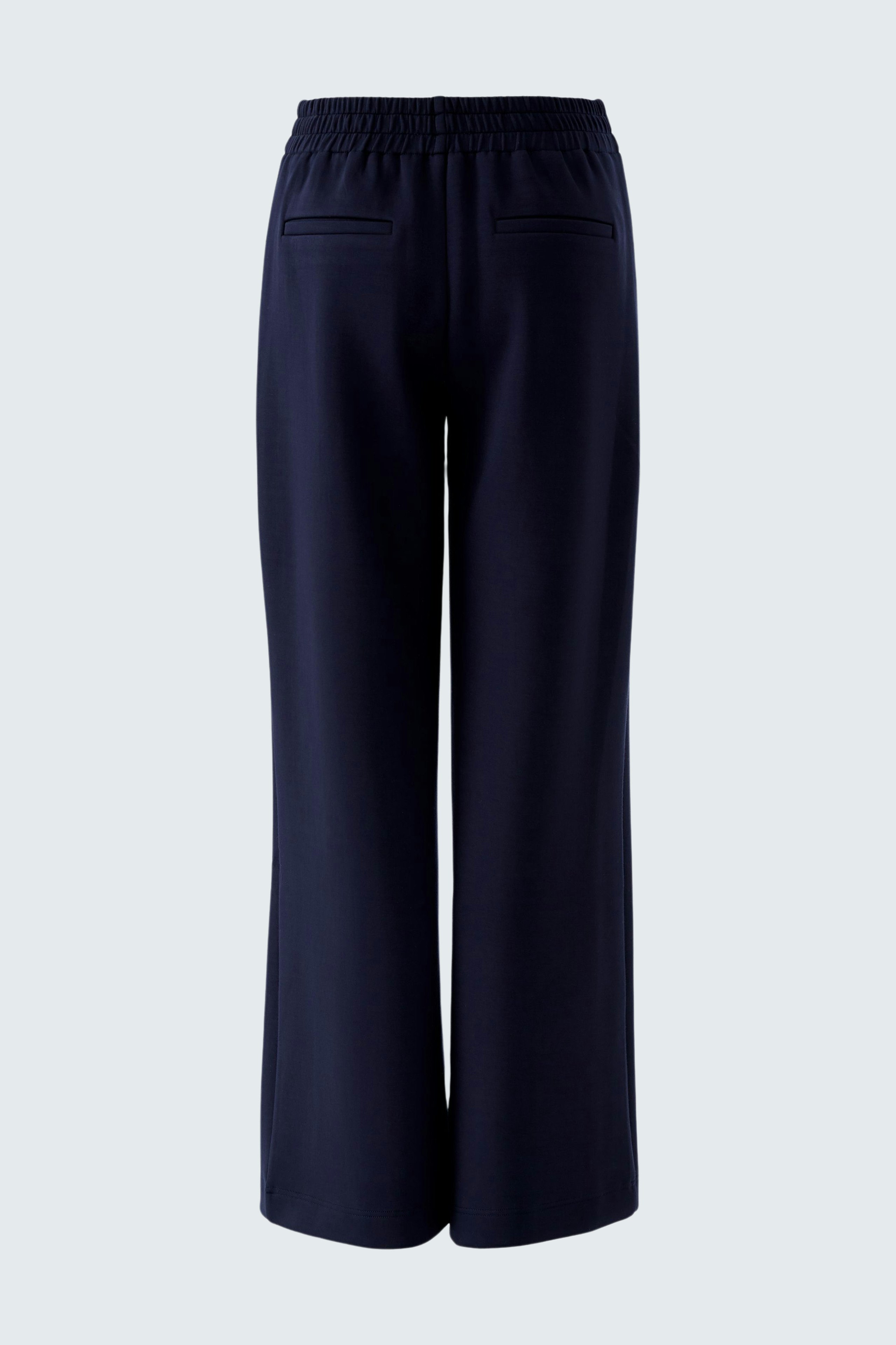 Comfortable women's pants in navy blue with an elastic waistband and wide legs.