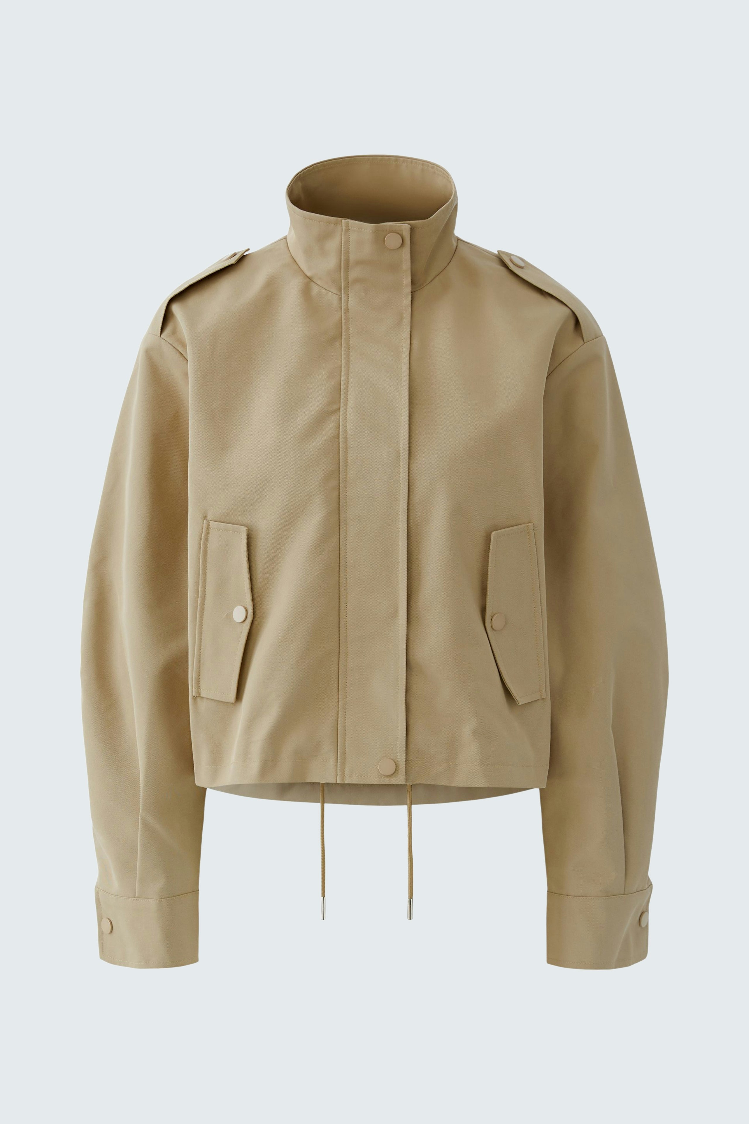 Modern women's blouson: A stylish beige jacket with a high collar and practical pockets.