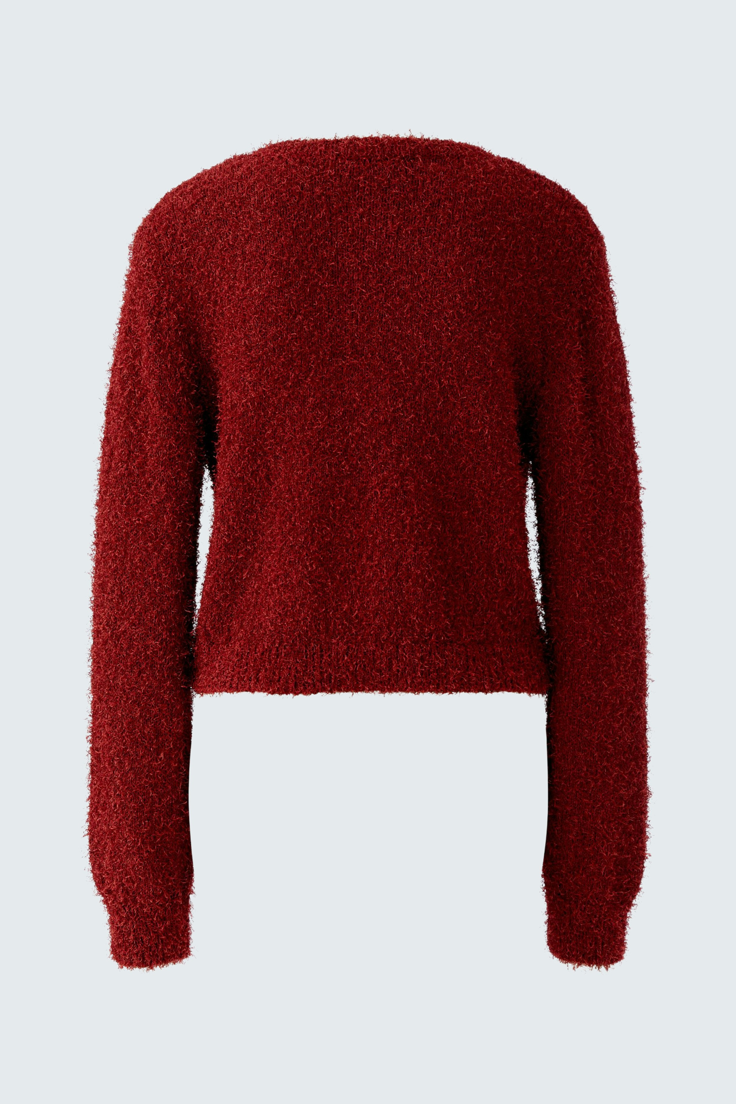 Cozy women's cardigan in deep red with a relaxed fit and soft texture.