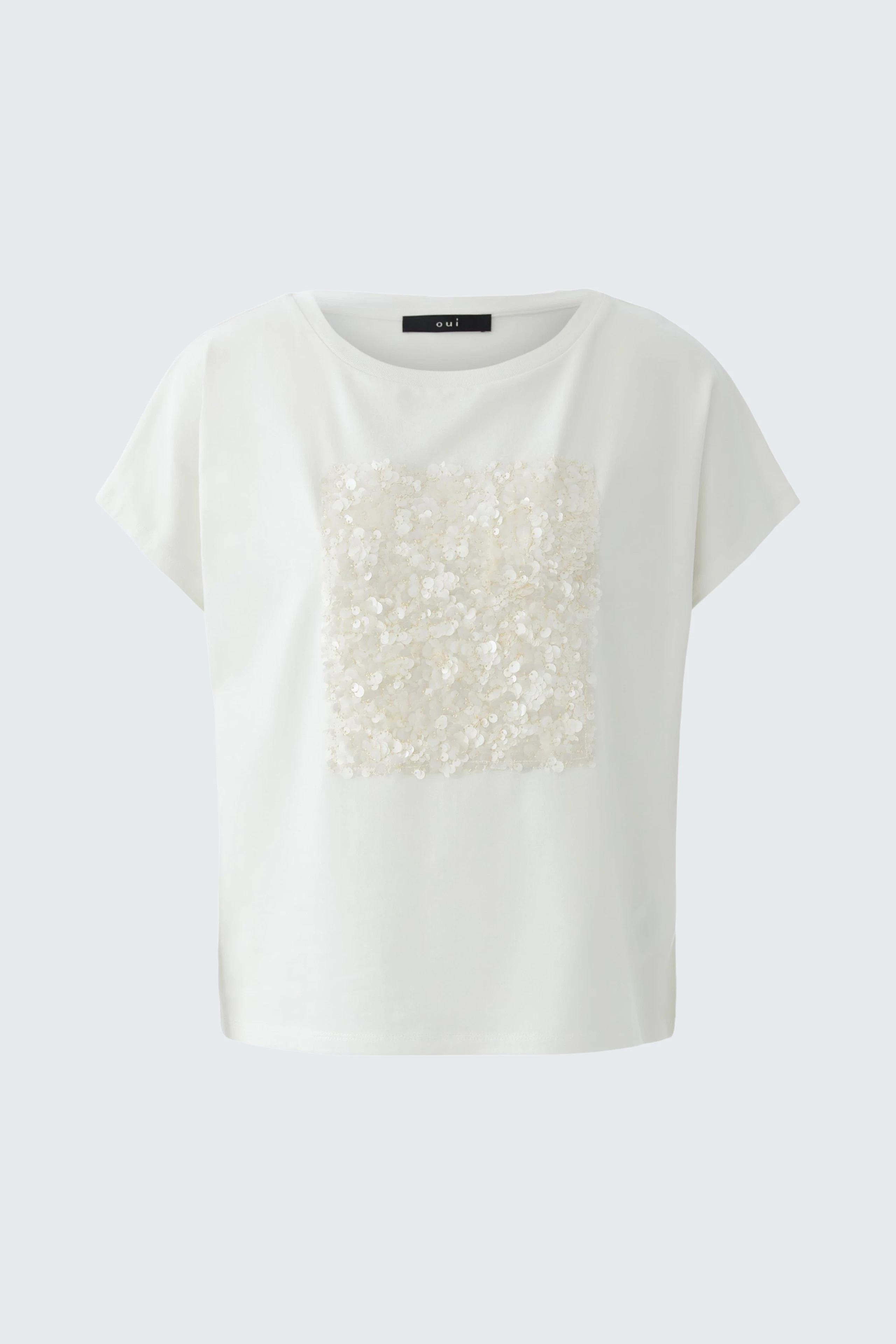 Bequemes Damen-T-Shirt: Weiße Kurzarmbluse mit glitzerndem Quadrat auf der Vorderseite.