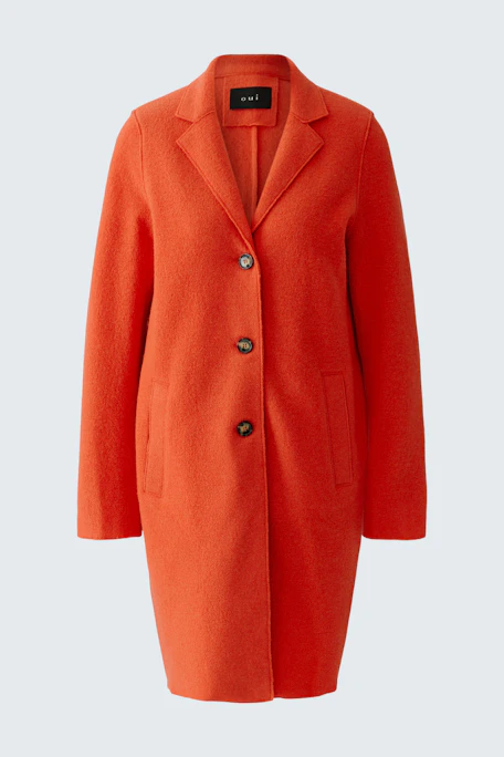 Wool coat: A vibrant orange coat with a tailored fit and button closure, perfect for layering.
