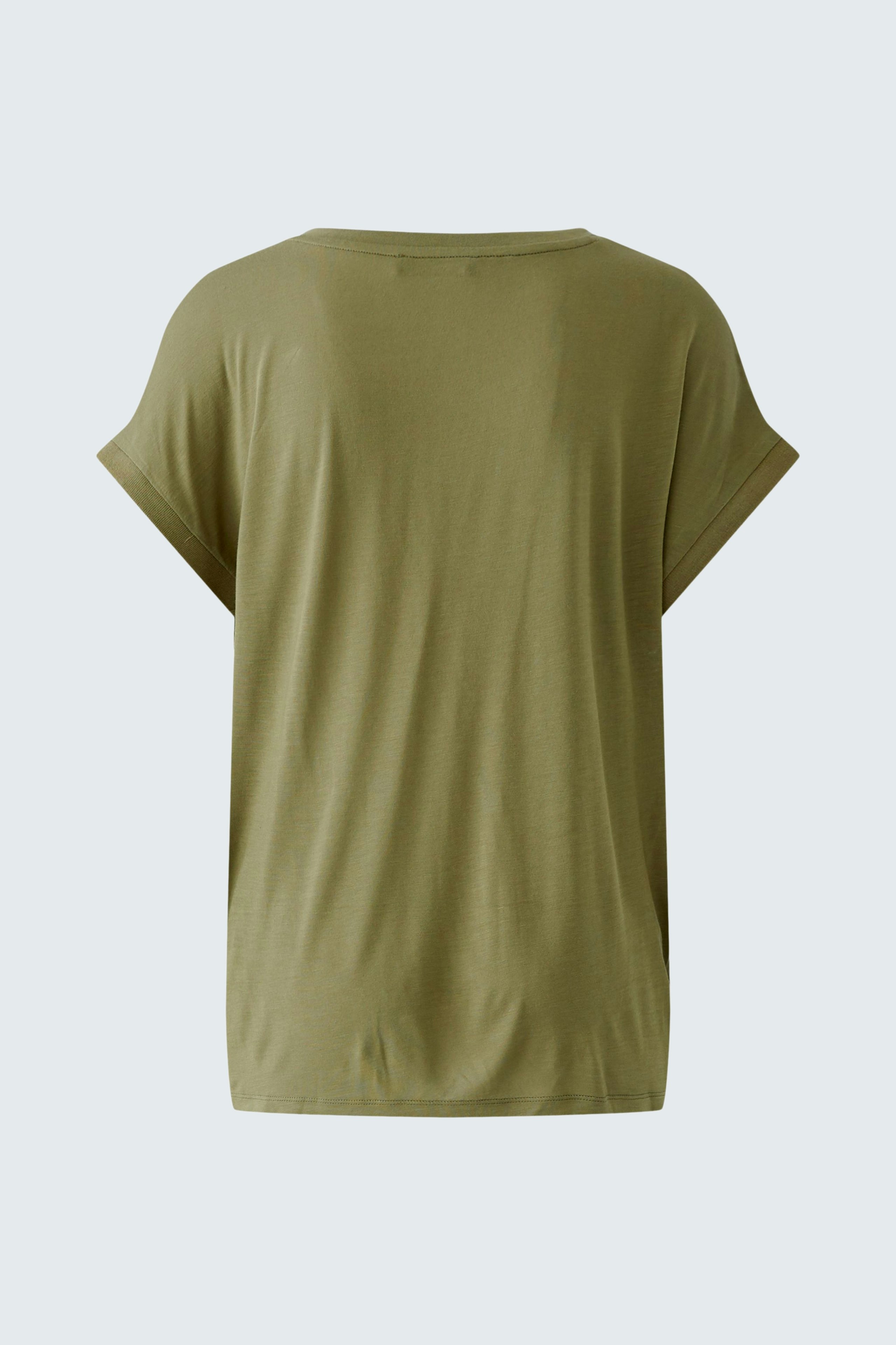 Casual women's pullover: Back view of a loose olive green top with short sleeves.