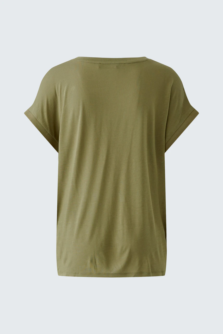 Casual women's pullover: Back view of a loose olive green top with short sleeves.