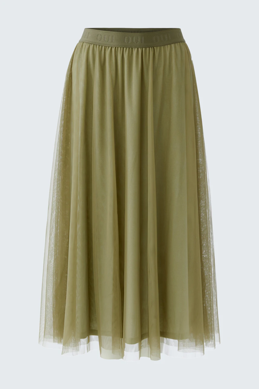 Flowy A-line skirt in olive green, perfect for a casual and stylish look.
