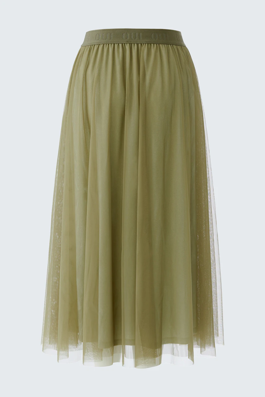 A-line skirt: Olive green tulle skirt with elastic waistband, perfect for casual wear.