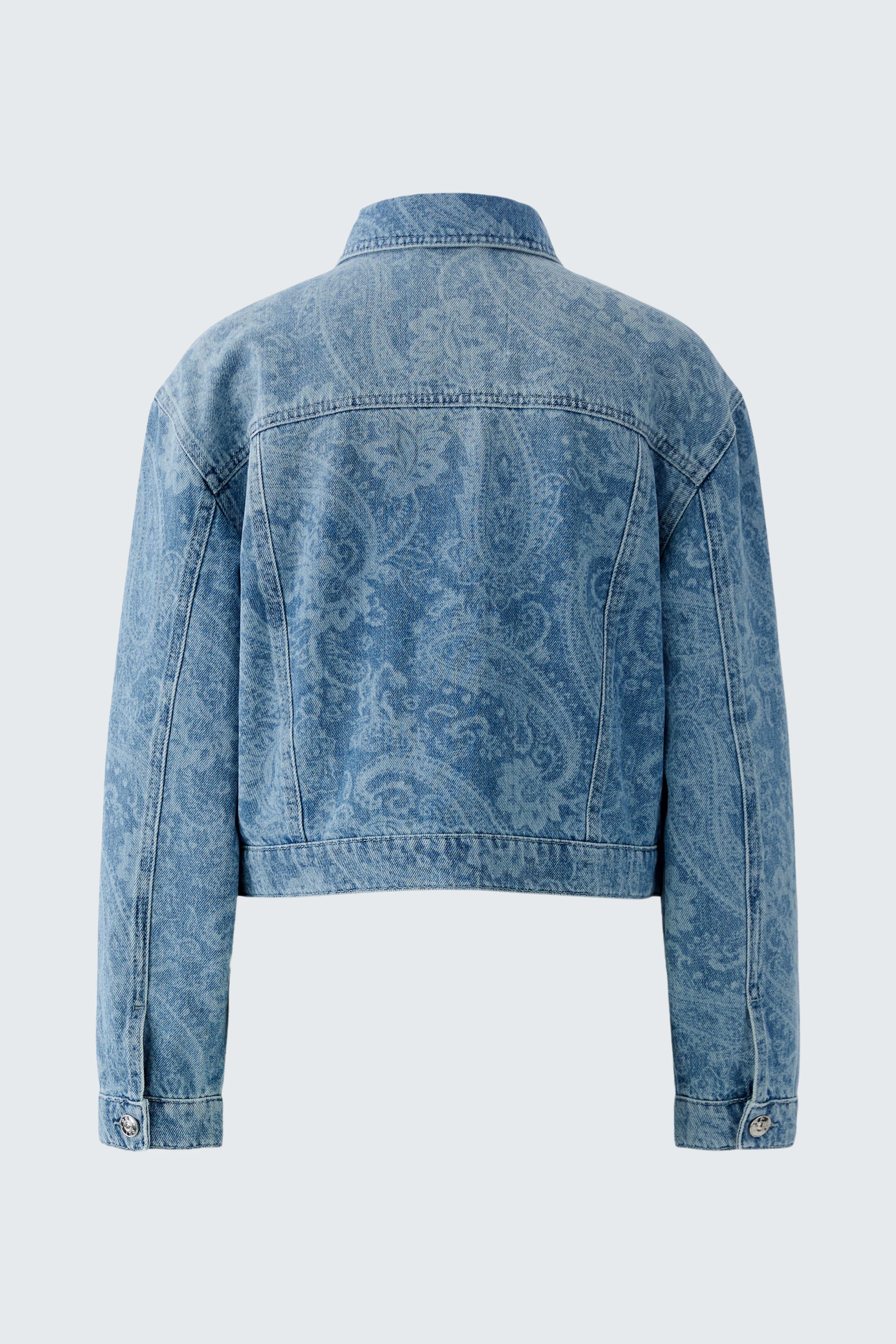 Casual denim jacket with paisley pattern, shown from the back. No model, just the jacket.