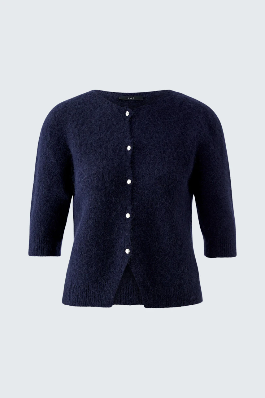 Dunkelblaue Strickjacke mit Knopfleiste, schlicht und vielseitig kombinierbar.