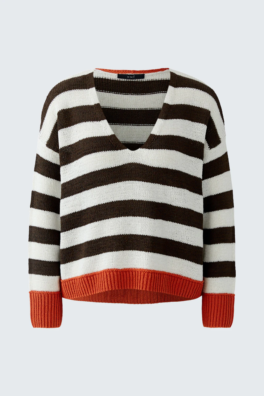 Casual women's pullover: Striped design in brown and white with orange accents, featuring a V-neck.