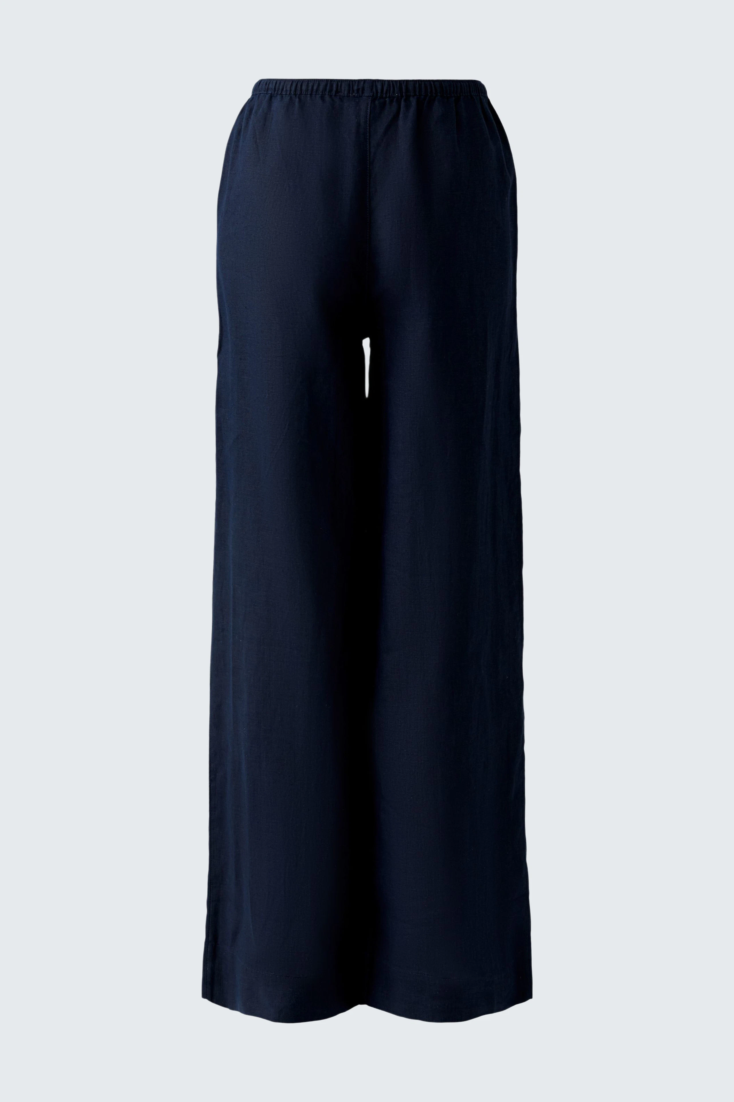 Weite Marlenehose in Dunkelblau, ohne Model, schlicht und vielseitig kombinierbar.