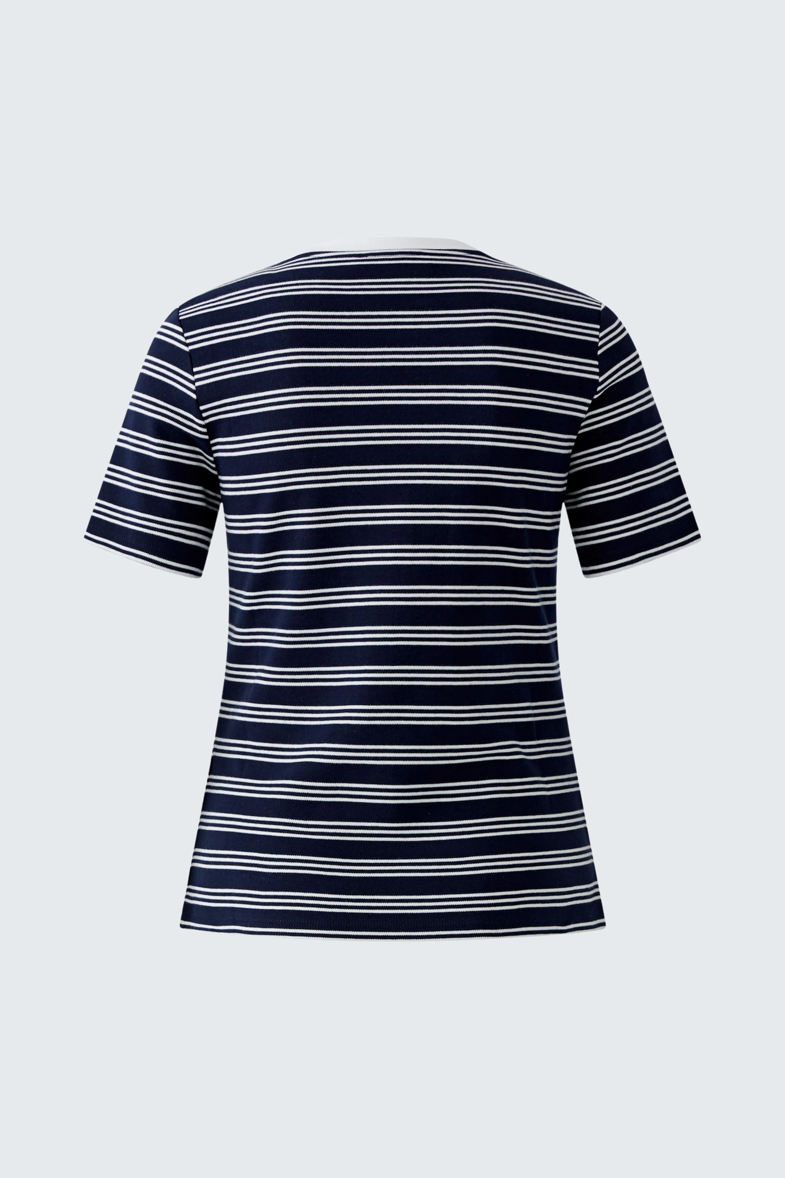 Casual women's T-shirt: Navy and white striped T-shirt with short sleeves, shown from the back.