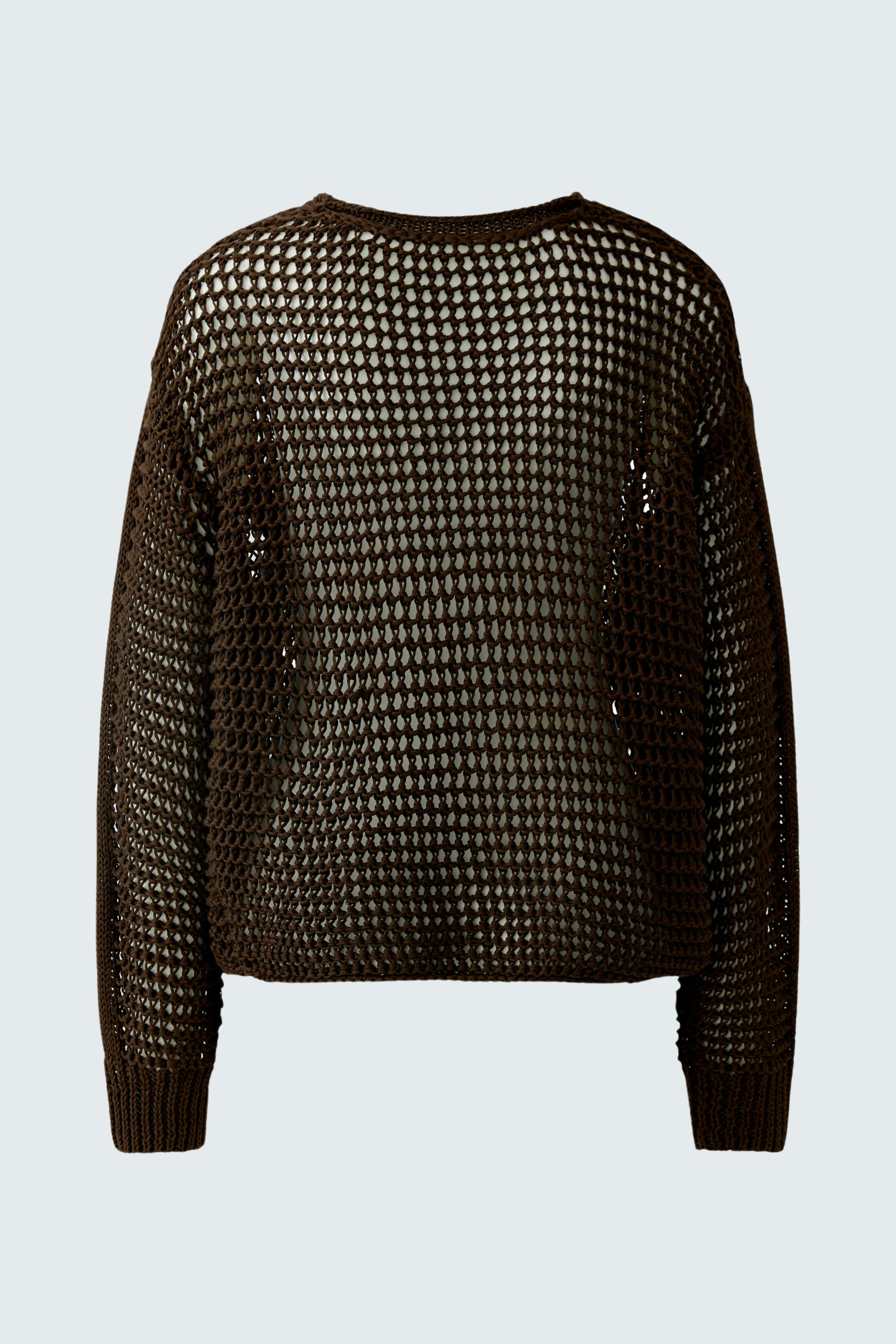 Damen-Pullover: Brauner, luftiger Strickpullover mit Netzstruktur, lässig und modern.