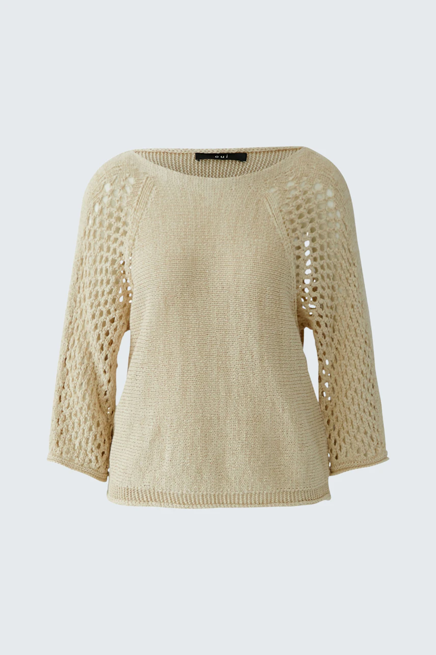 Casual women's pullover in light beige with a relaxed fit and open knit design.