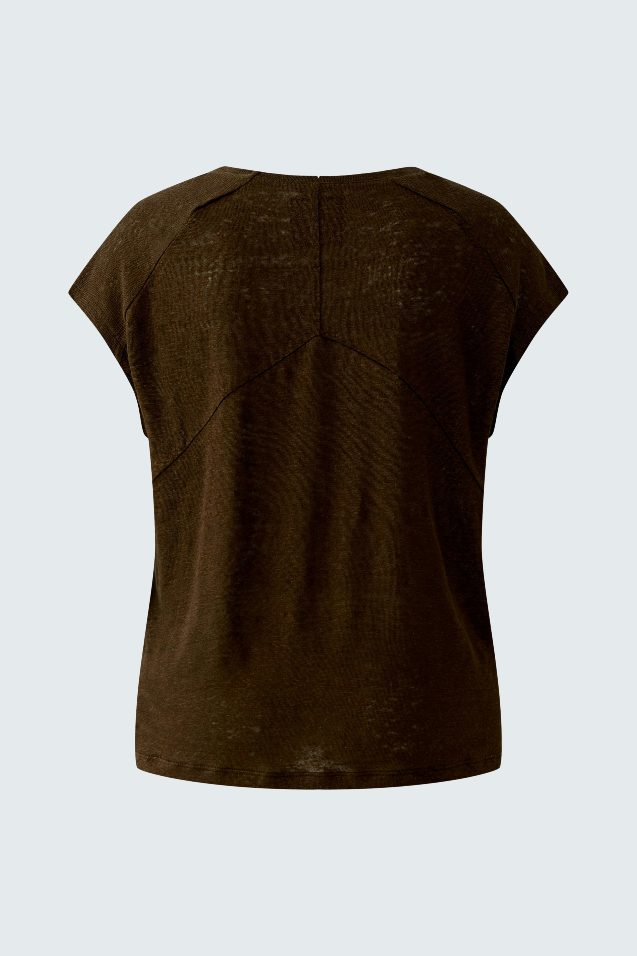 Bequeme Damen-T-Shirt: Rückansicht eines braunen T-Shirts mit lässigem Schnitt und kurzen Ärmeln.