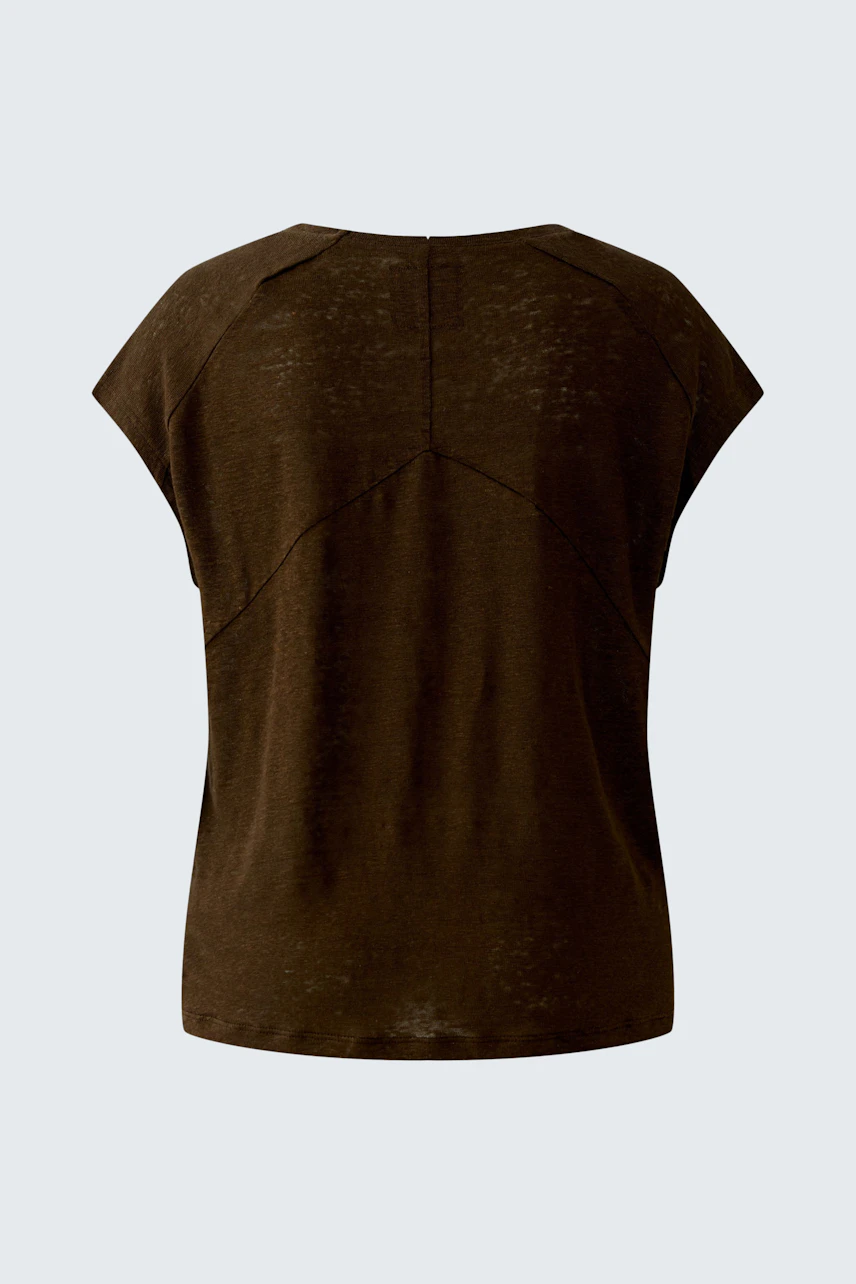 Bequeme Damen-T-Shirt: Rückansicht eines braunen T-Shirts mit lässigem Schnitt und kurzen Ärmeln.