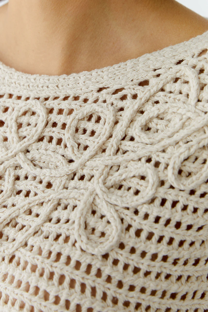 Lightweight women's pullover with intricate crochet design, perfect for casual layering.