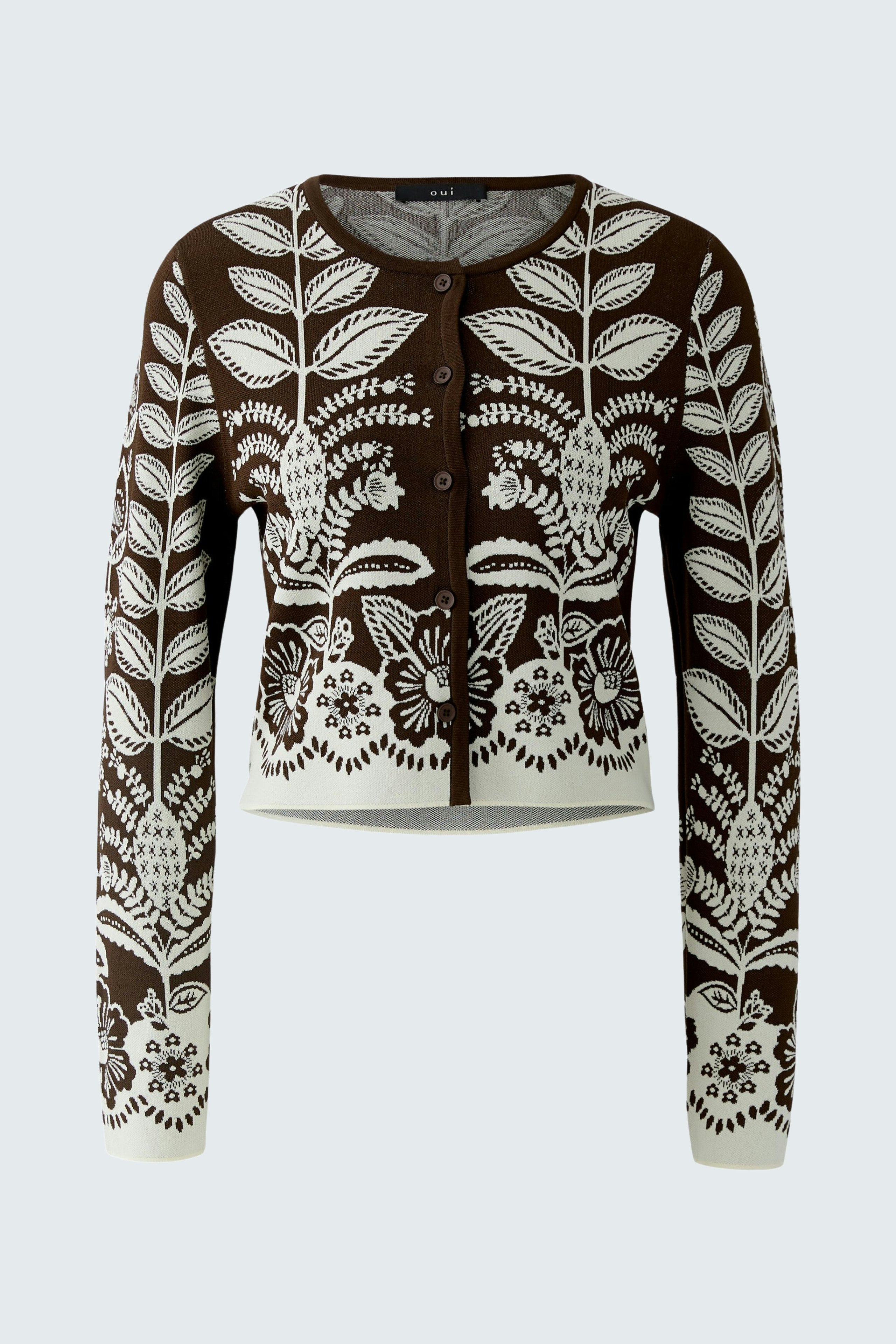 Damen-Strickjacke: Braune Strickjacke mit floralem Muster und langen Ärmeln, ideal für lässige Outfits.