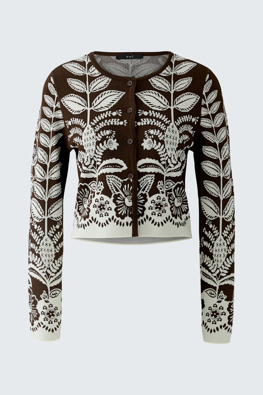 Stylish women's cardigan: Brown cardigan with floral patterns, perfect for layering.